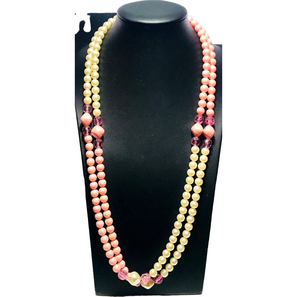 Vintage Pink and White Faux Pearl and Acrylic Bead Necklace Rope Length 55.5 in